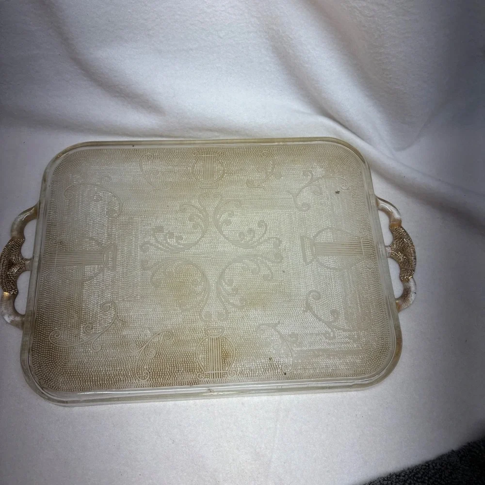 Vintage Harp Etched Glass Serving Tray with Handles‎ Ornate Floral Design
